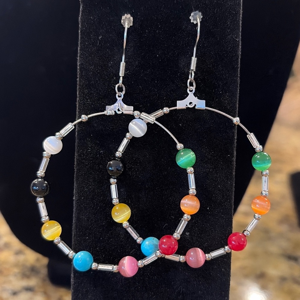 Colorful Beaded Hoop Earrings 3” Drop 2” Hoops Silver Tone